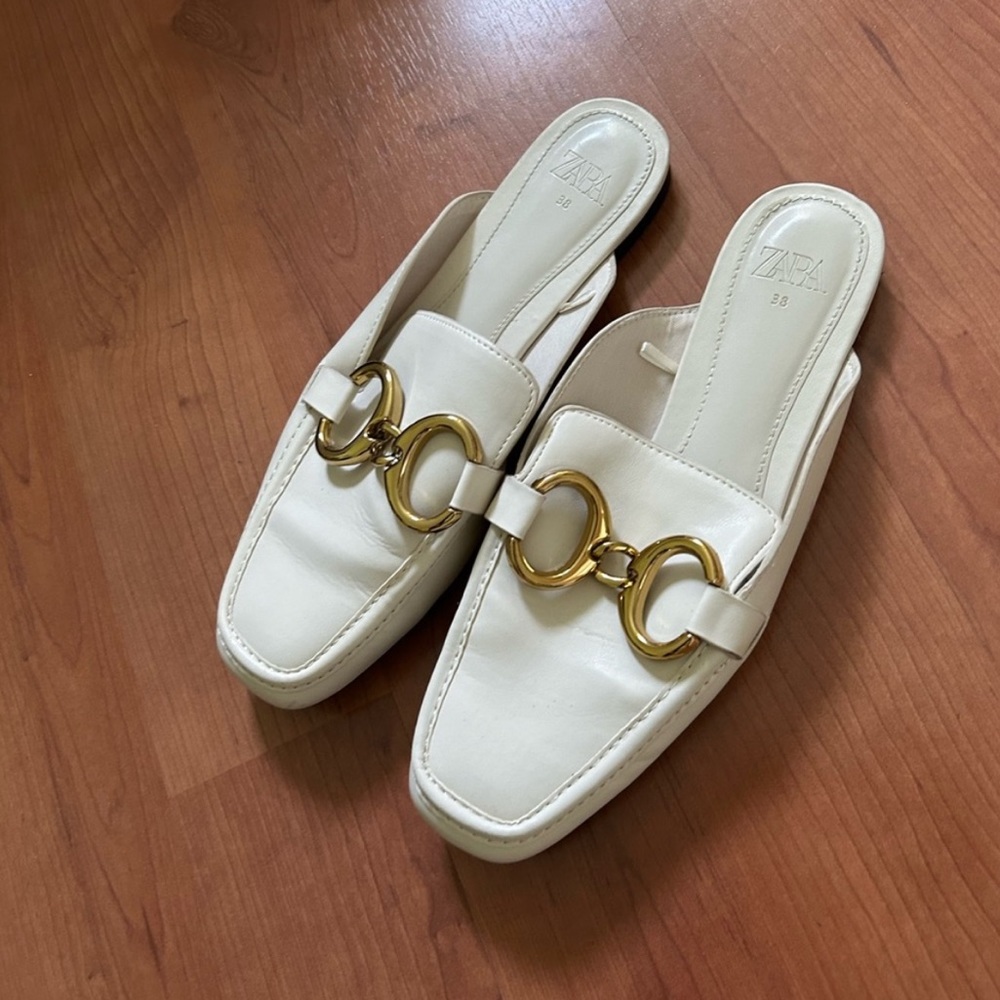 White Zara leather loafers mules with gold accent